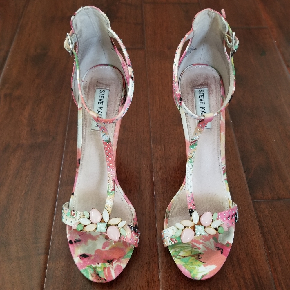 STEVE MADDEN "Shawna" T-Strap Floral Stiletto Heel Sandals - Size 10